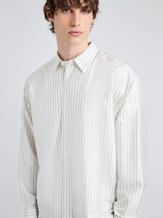 Proenza Schouler Detail image of model wearing Louis Shirt in Stripe Silk in White/ Black