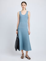 Proenza Schouler Front full length image of model wearing Lucia Dress in Souffle Knit in LARK BLUE