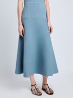 Proenza Schouler Detail image of model wearing Lucia Dress in Souffle Knit in LARK BLUE