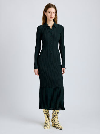 Proenza Schouler Front full length image of model wearing Luiza Dress in Sunburst Rib in Bottle Green
