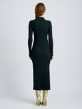 Proenza Schouler Back full length image of model wearing Luiza Dress in Sunburst Rib in Bottle Green