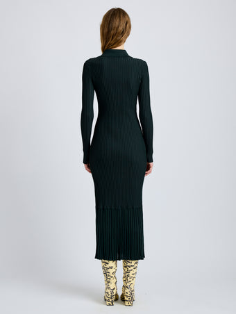 Proenza Schouler Back full length image of model wearing Luiza Dress in Sunburst Rib in Bottle Green