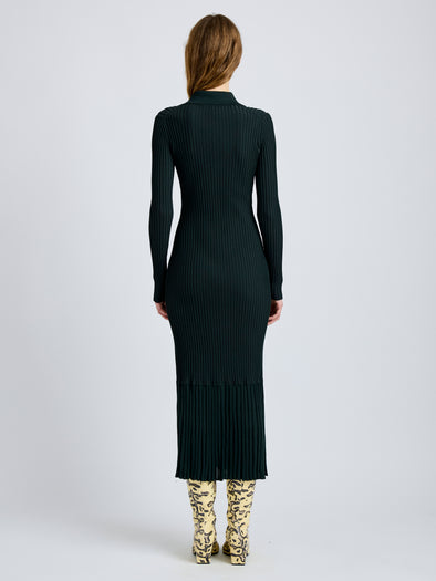 Proenza Schouler Back full length image of model wearing Luiza Dress in Sunburst Rib in Bottle Green