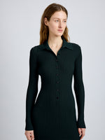 Proenza Schouler Detail image of model wearing Luiza Dress in Sunburst Rib in Bottle Green