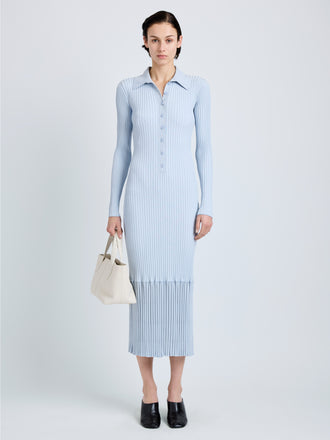 Proenza Schouler Front full length image of model wearing Luiza Dress in Sunburst Rib in Pale Blue