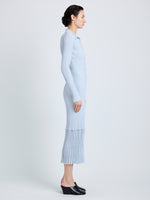 Proenza Schouler Side full length image of model wearing Luiza Dress in Sunburst Rib in Pale Blue