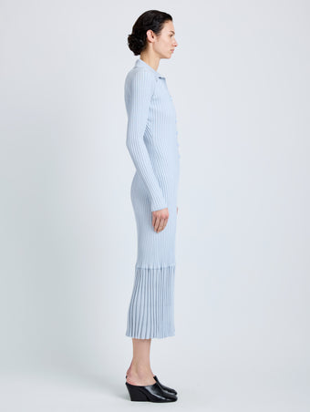 Proenza Schouler Side full length image of model wearing Luiza Dress in Sunburst Rib in Pale Blue