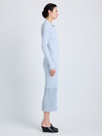 Proenza Schouler Side full length image of model wearing Luiza Dress in Sunburst Rib in Pale Blue