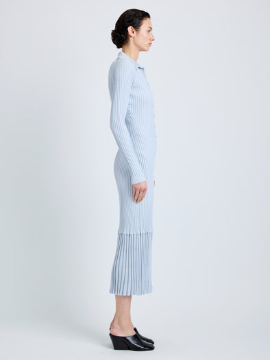 Proenza Schouler Side full length image of model wearing Luiza Dress in Sunburst Rib in Pale Blue