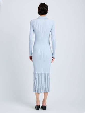 Proenza Schouler Back full length image of model wearing Luiza Dress in Sunburst Rib in Pale Blue