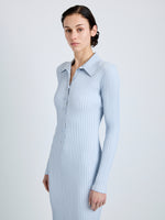 Proenza Schouler Detail image of model wearing Luiza Dress in Sunburst Rib in Pale Blue