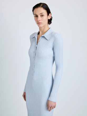 Proenza Schouler Detail image of model wearing Luiza Dress in Sunburst Rib in Pale Blue