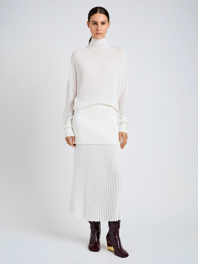 Proenza Schouler Front full length image of model wearing Luiza Skirt in Sunburst Rib in White