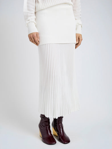 Proenza Schouler Detail image of model wearing Luiza Skirt in Sunburst Rib in White