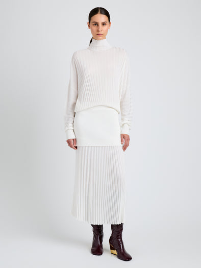 Proenza Schouler Front image of model wearing Luiza Sweater in Sunburst Rib in White