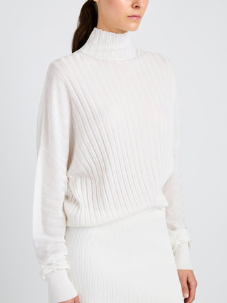 Proenza Schouler Detail image of model wearing Luiza Sweater in Sunburst Rib in White