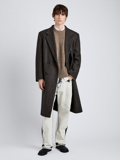 Proenza Schouler Front full length image of model wearing Orlando Coat in Wool in Charcoal Herringbone