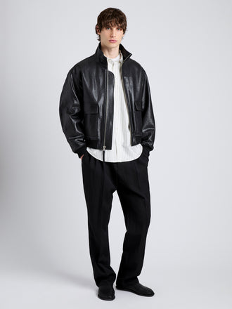 Proenza Schouler Front full length image of model wearing Sterling Bomber in Leather in Black