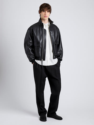 Proenza Schouler Front full length image of model wearing Sterling Bomber in Leather in Black