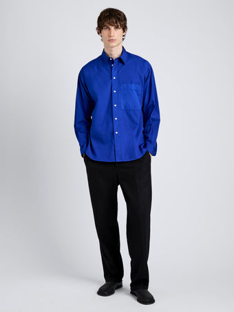Proenza Schouler Front full length image of model wearing Simon Shirt in Poplin in Cobalt Blue