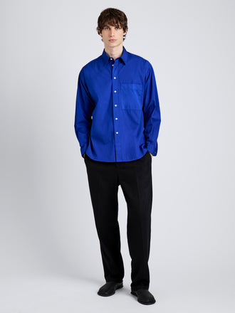Proenza Schouler Front full length image of model wearing Simon Shirt in Poplin in Cobalt Blue