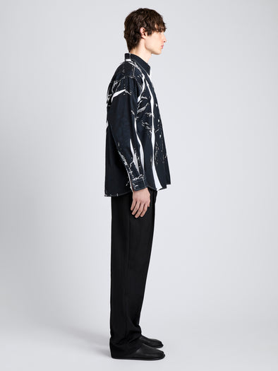 Proenza Schouler Side full length image of model wearing Simon Shirt in Garment Print Poplin in White/ Black