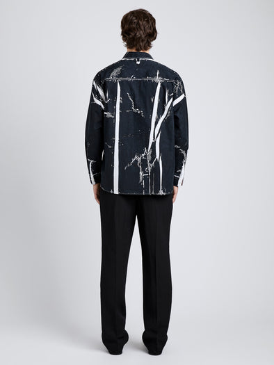 Proenza Schouler Back full length image of model wearing Simon Shirt in Garment Print Poplin in White/ Black