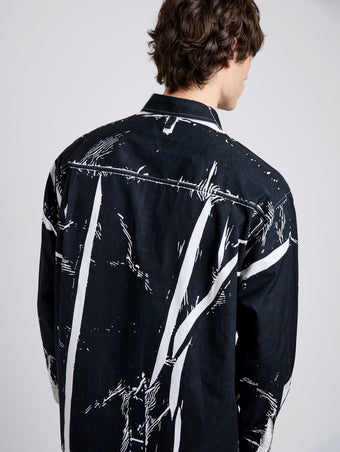 Proenza Schouler Detail image of model wearing Simon Shirt in Garment Print Poplin in White/ Black