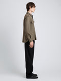 Proenza Schouler Side full length image of model wearing Beni Shirt in Jersey Flannel in Taupe