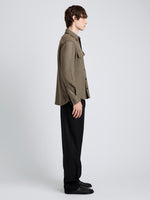 Proenza Schouler Side full length image of model wearing Beni Shirt in Jersey Flannel in Taupe