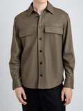 Proenza Schouler Detail image of model wearing Beni Shirt in Jersey Flannel in Taupe