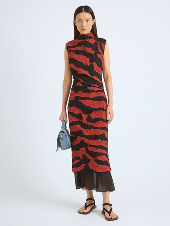 Proenza Schouler Front On Model Image of MAILA DRESS IN TIGER CRINKLE INTARSIA in Paprika Black