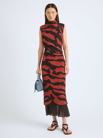 Proenza Schouler Front On Model Image of MAILA DRESS IN TIGER CRINKLE INTARSIA in Paprika Black