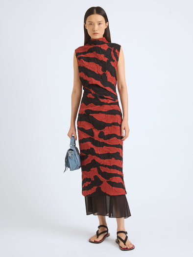 Proenza Schouler Front On Model Image of MAILA DRESS IN TIGER CRINKLE INTARSIA in Paprika Black