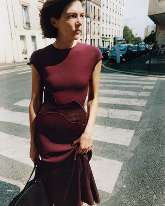 Proenza Schouler Campaign image of Maissa Dress in Compact Stretch Viscose in Amarone