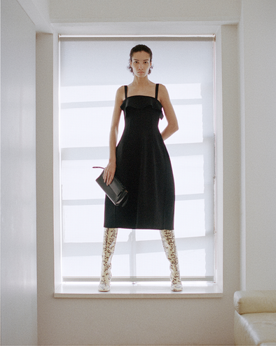 Proenza Schouler Front full length image of model wearing Blanca Dress in Compact Viscose in Black