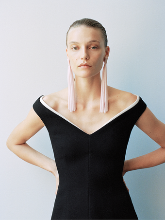 Proenza Schouler Detail image of model wearing Mariam Top in Wool Scuba in Black