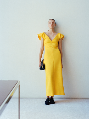 Proenza Schouler Front full length image of model wearing Mariam Dress in Wool Scuba in Canary