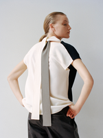 Proenza Schouler Detail image of model wearing Elsa Top in Matte Double Crepe in Black Multi