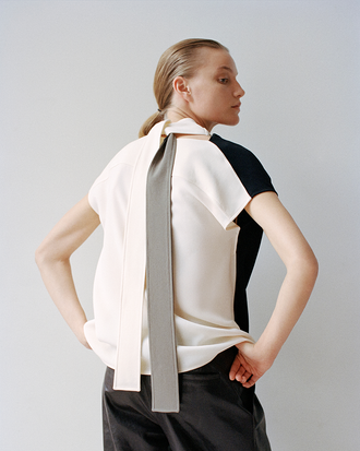 Proenza Schouler Detail image of model wearing Elsa Top in Matte Double Crepe in Black Multi