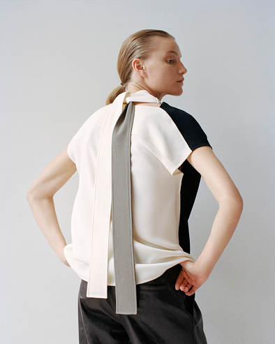 Proenza Schouler Detail image of model wearing Elsa Top in Matte Double Crepe in Black Multi