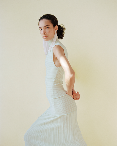Proenza Schouler image of model wearing Federica Dress in Micro Pleat Knit in Mint