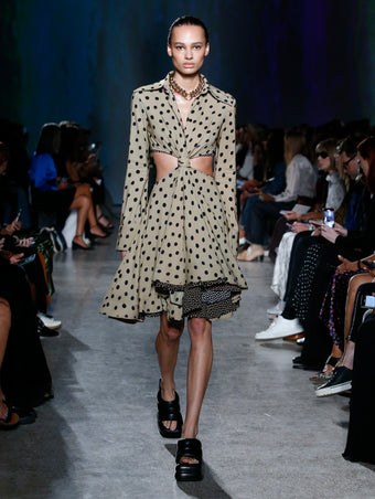 model wearing dot print dress