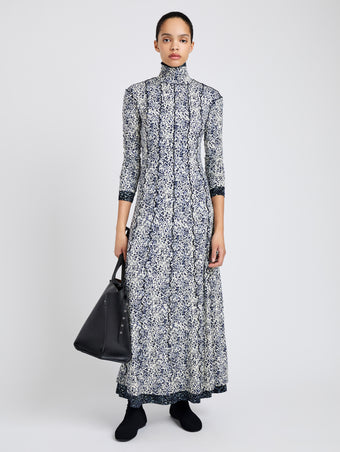 Proenza Schouler Front full length image of model wearing Mabel Dress in Cheetah Jersey in Cream Multi 