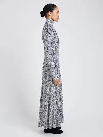 Proenza Schouler Side full length image of model wearing Mabel Dress in Cheetah Jersey in Cream Multi 