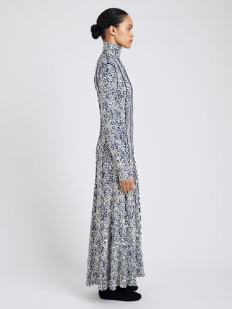 Proenza Schouler Side full length image of model wearing Mabel Dress in Cheetah Jersey in Cream Multi 