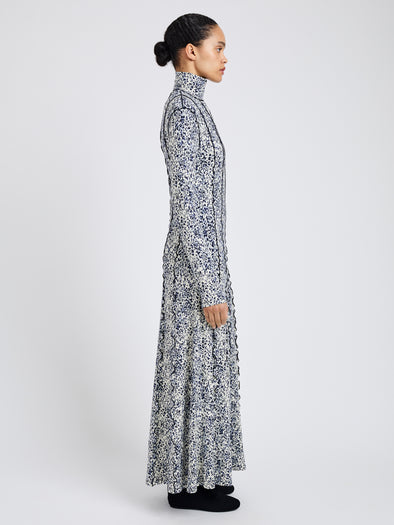 Proenza Schouler Side full length image of model wearing Mabel Dress in Cheetah Jersey in Cream Multi 