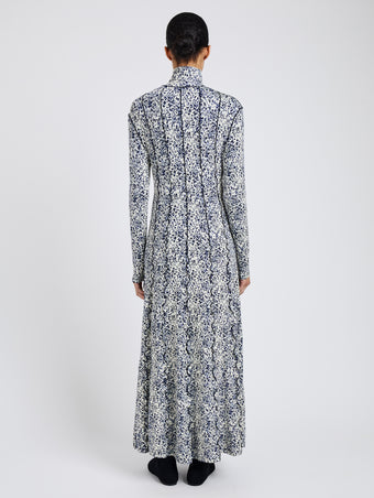 Proenza Schouler Back full length image of model wearing Mabel Dress in Cheetah Jersey in Cream Multi 