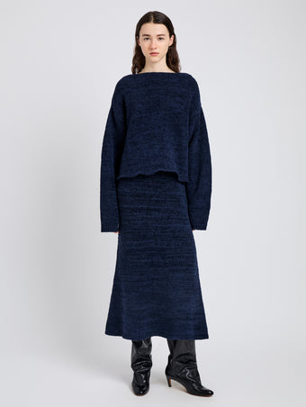 Proenza Schouler Front full length image of model wearing Maddox Sweater in Marled Cotton in Navy Black Ombre