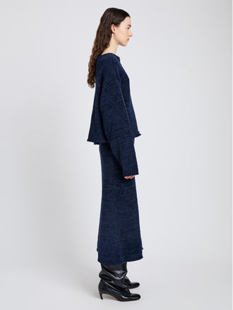 Proenza Schouler Side full length image of model wearing Maddox Sweater in Marled Cotton in Navy Black Ombre
